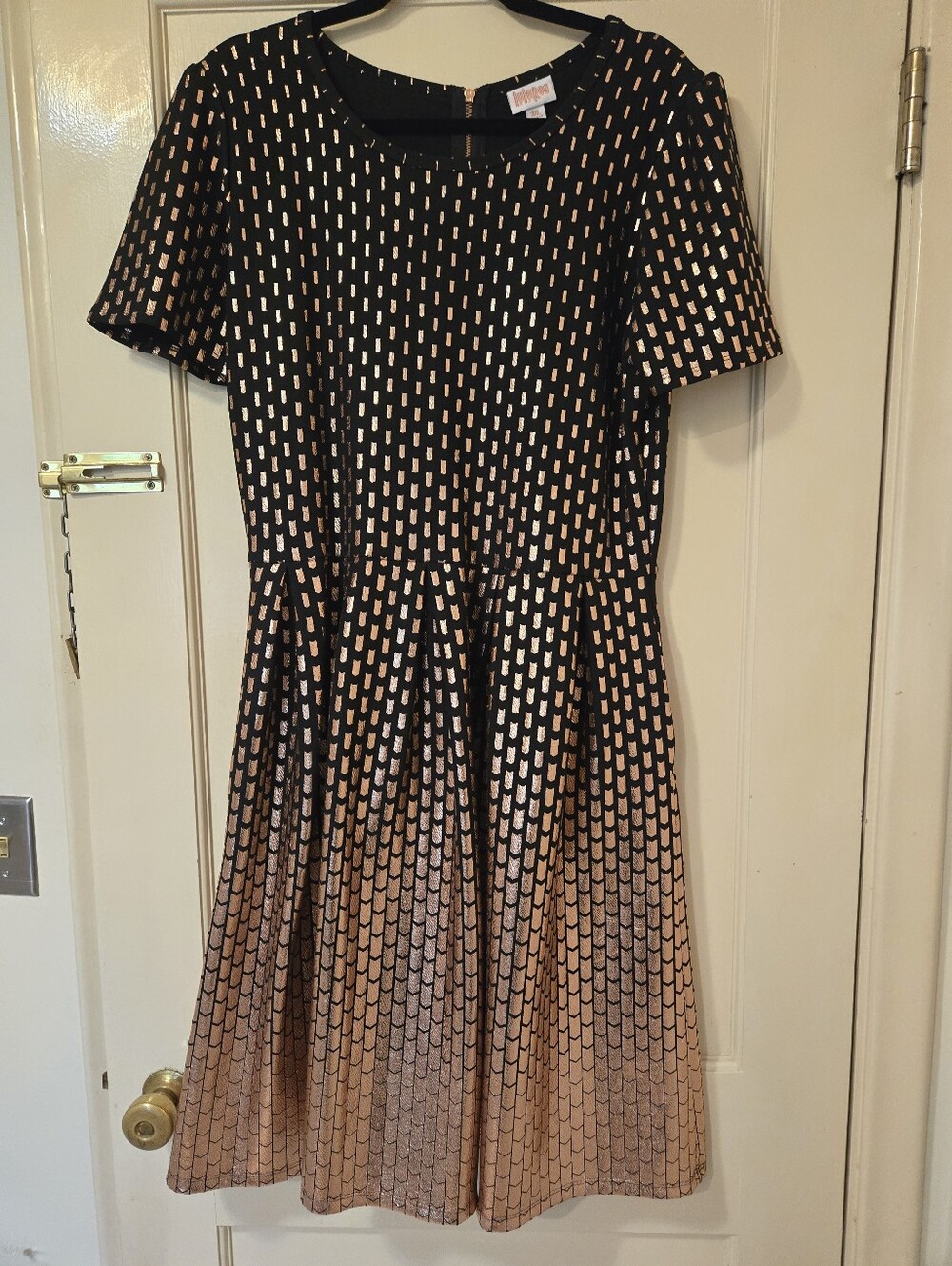 Lularoe Elegant Amelia Black and Rose Gold Patterned Fit & Flare Dress